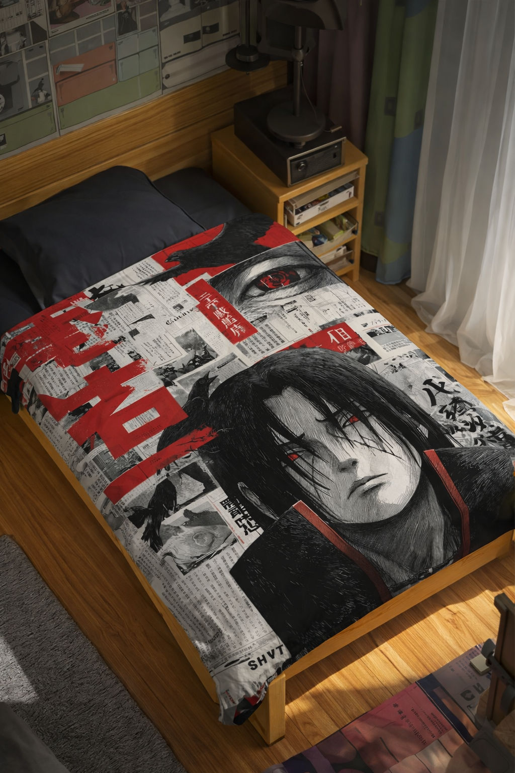 Naruto Itachi Uchiha Mangekyo Sharingan Wall Tapestry – Dark Crow Anime Art (56 × 96 Inches)