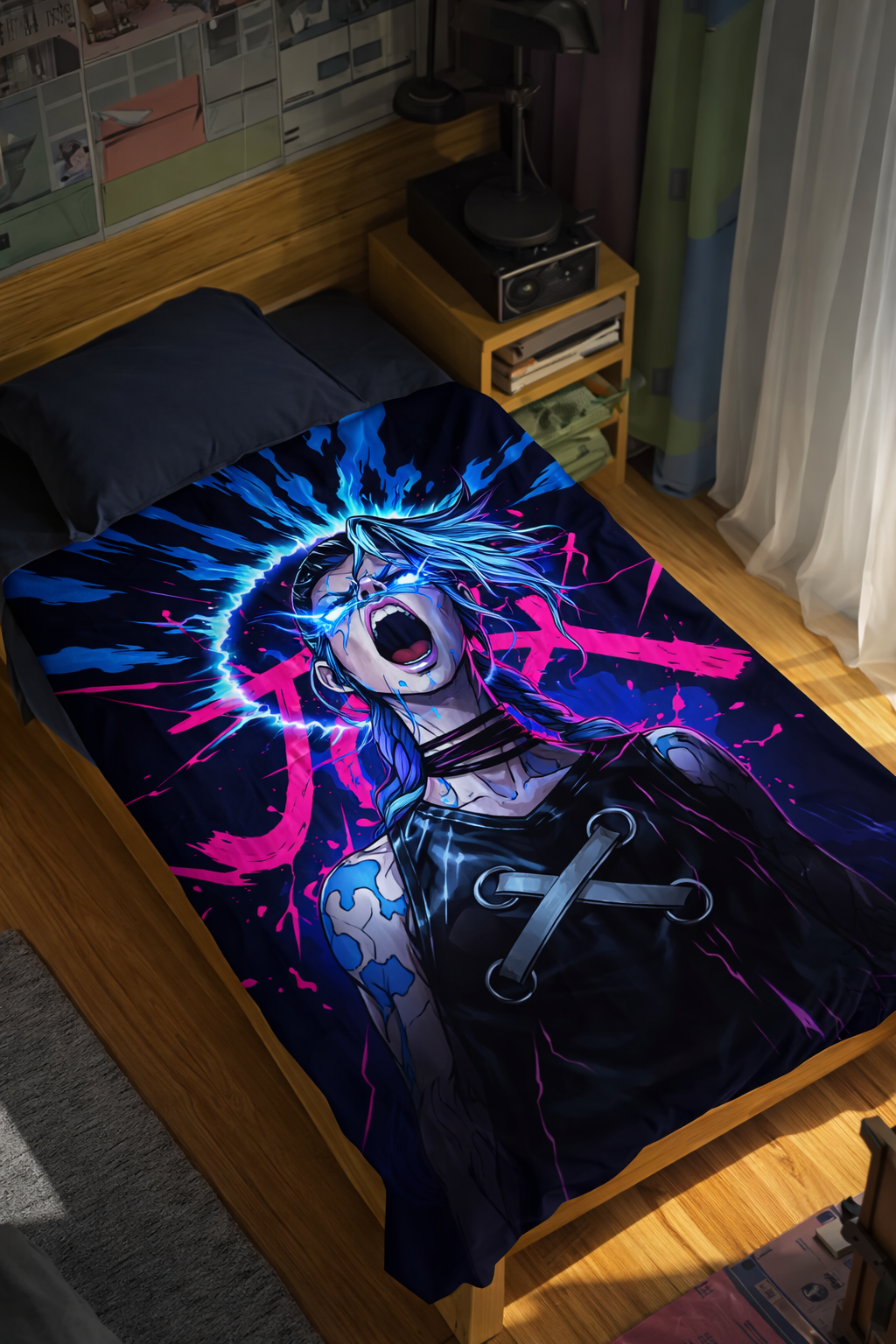 Arcane Jinx Chaos Anime Wall Tapestry – Electrifying League of Legends Art (56 × 96 Inches)