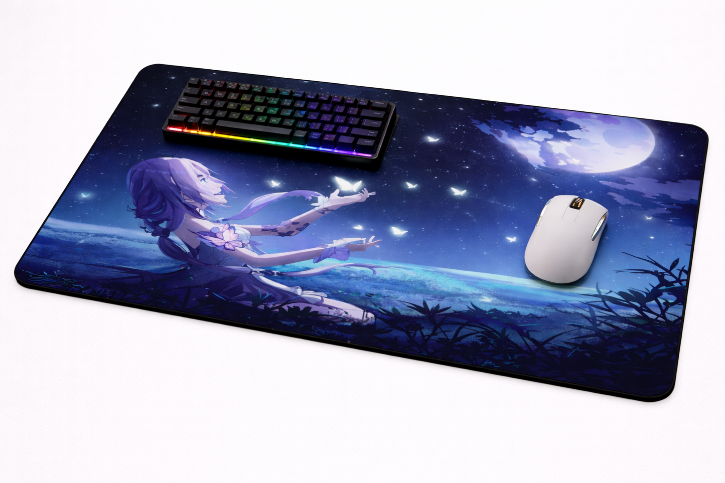 Moonlight Butterfly Anime Desk Mat – XL Aesthetic Gaming Mouse Pad (12 × 23 Inches)