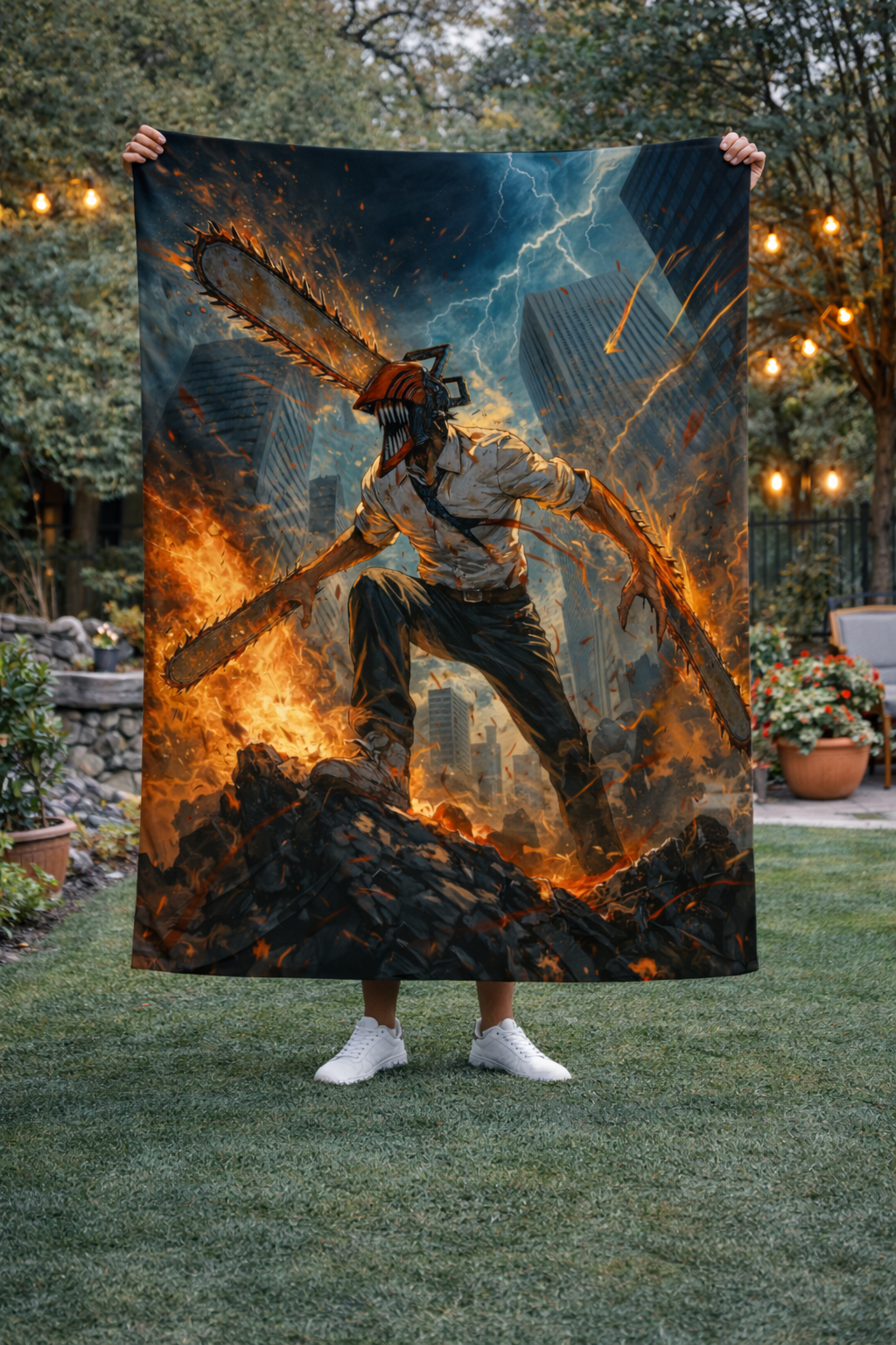 Denji Chainsaw Devil Rampage Wall Tapestry – Chainsaw Man Battle Anime Art (56 × 96 Inches)