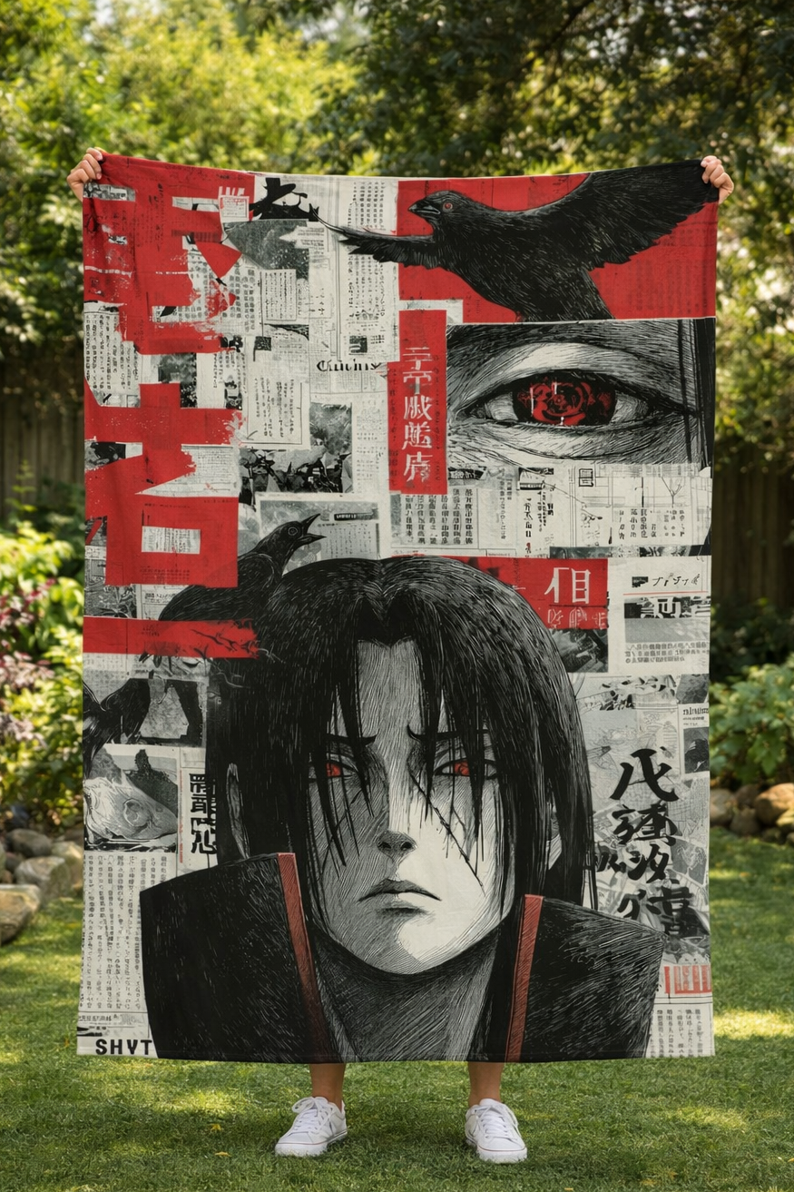 Naruto Itachi Uchiha Mangekyo Sharingan Wall Tapestry – Dark Crow Anime Art (56 × 96 Inches)