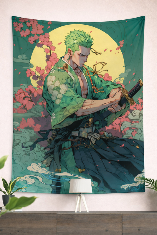 One Piece Roronoa Zoro Samurai Moon Wall Tapestry – Legendary Swordsman Anime Art (56 × 96 Inches)