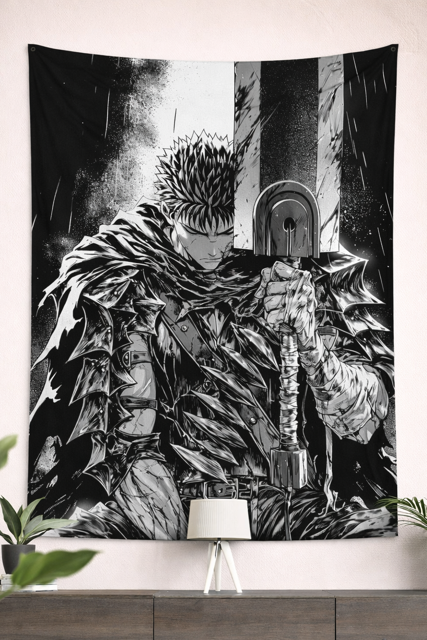 Berserk Guts Black Swordsman Monochrome Wall Tapestry – Dark Fantasy Anime Art (56 × 96 Inches)