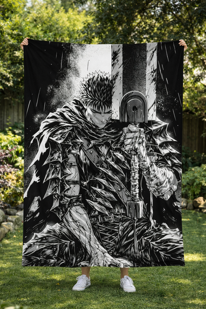 Berserk Guts Black Swordsman Monochrome Wall Tapestry – Dark Fantasy Anime Art (56 × 96 Inches)