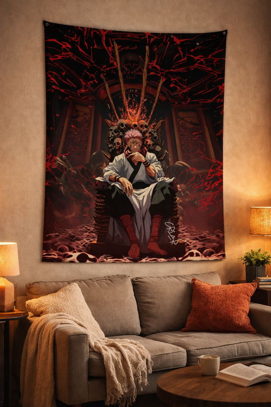 Jujutsu Kaisen Sukuna King of Curses Anime Wall Tapestry – Dark Throne Art Statement Piece (56 × 96 Inches)