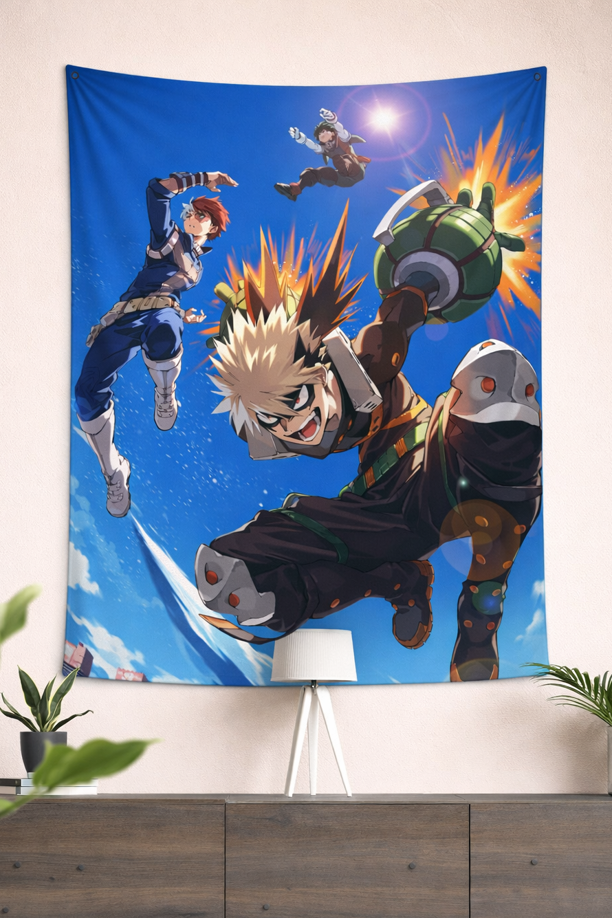 My Hero Academia Deku, Bakugo & Todoroki Action Wall Tapestry – Explosive Anime Hero Art (56 × 96 Inches)