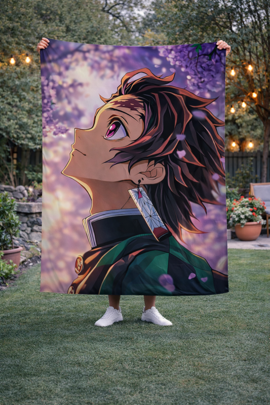 Tanjiro Kamado Cherry Blossom Resolve Wall Tapestry – Demon Slayer Anime Art (56 × 96 Inches)