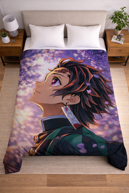 Tanjiro Kamado Cherry Blossom Resolve Wall Tapestry – Demon Slayer Anime Art (56 × 96 Inches)