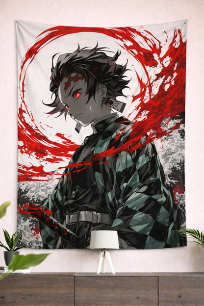 Tanjiro Kamado Crimson Blade Wall Tapestry – Demon Slayer Battle Art (56 × 96 Inches)