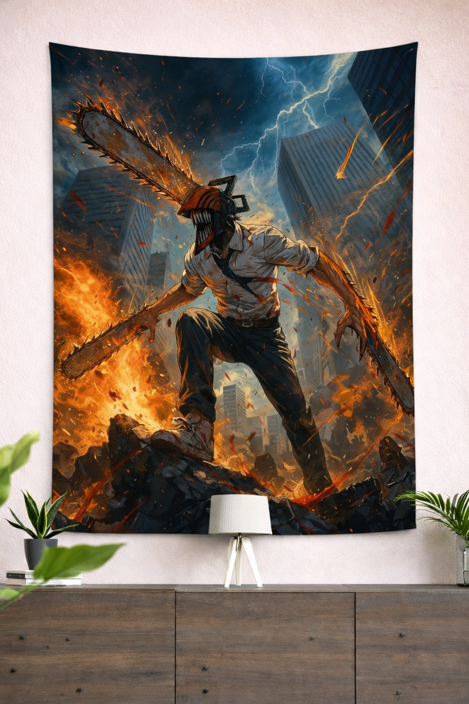 Denji Chainsaw Devil Rampage Wall Tapestry – Chainsaw Man Battle Anime Art (56 × 96 Inches)