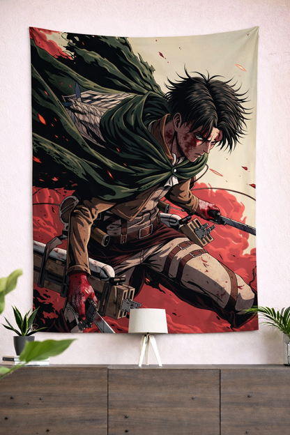 Levi Ackerman Elite Soldier Wall Tapestry – Attack on Titan Battle Art (56 × 96 Inches)