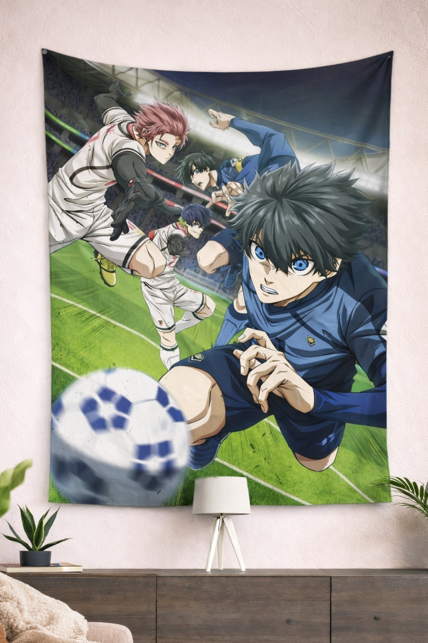 Blue Lock Isagi Yoichi Soccer Action Wall Tapestry – Intense Anime Football Art (56 × 96 Inches)
