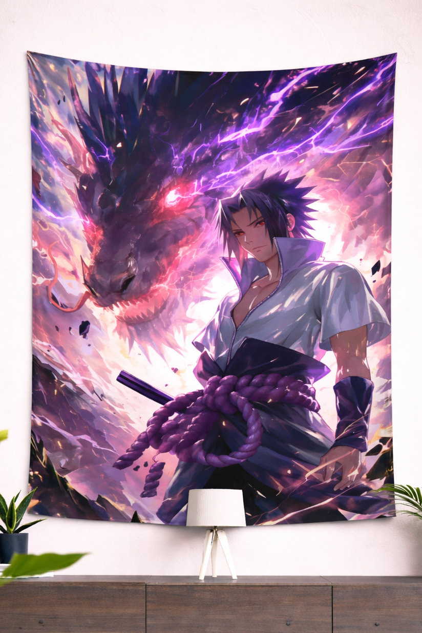 Naruto Sasuke Uchiha Susanoo Dragon Wall Tapestry – Dark Lightning Anime Art (56 × 96 Inches)