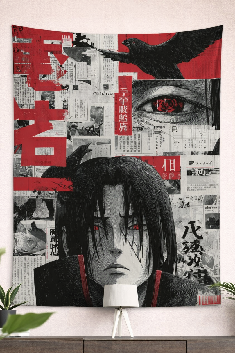 Naruto Itachi Uchiha Mangekyo Sharingan Wall Tapestry – Dark Crow Anime Art (56 × 96 Inches)