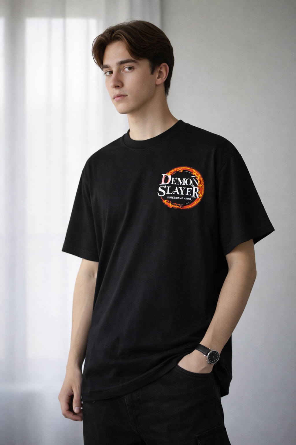 Oversized Rengoku Flame Split-Face Graphic T-Shirt