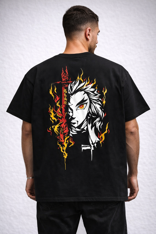 Oversized Rengoku Flame Split-Face Graphic T-Shirt