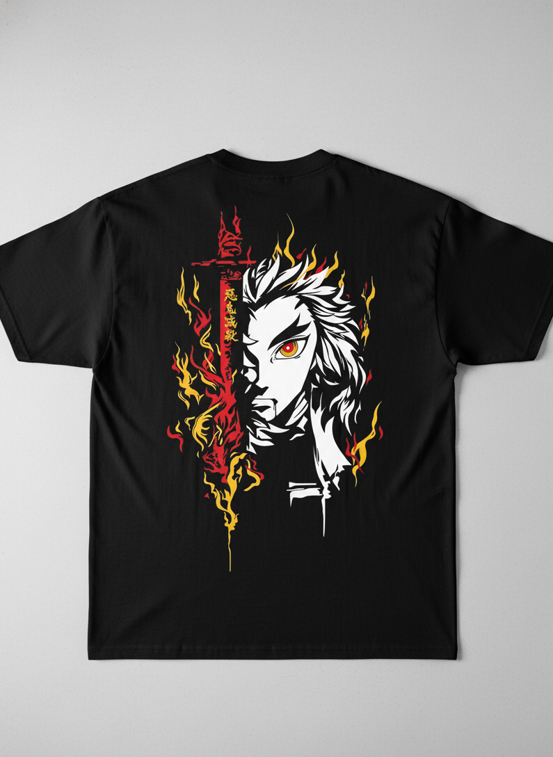 Oversized Rengoku Flame Split-Face Graphic T-Shirt