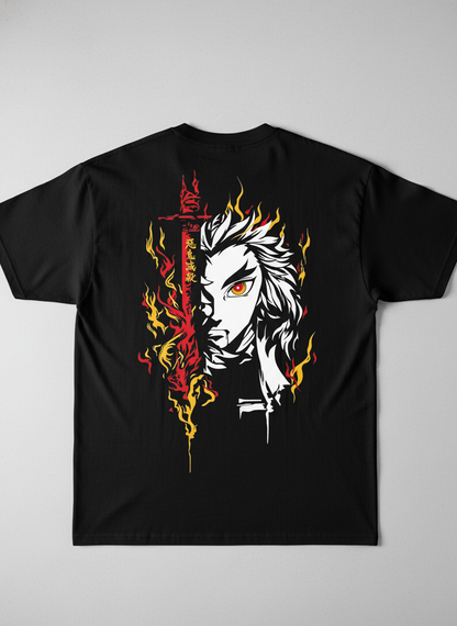 Oversized Rengoku Flame Split-Face Graphic T-Shirt
