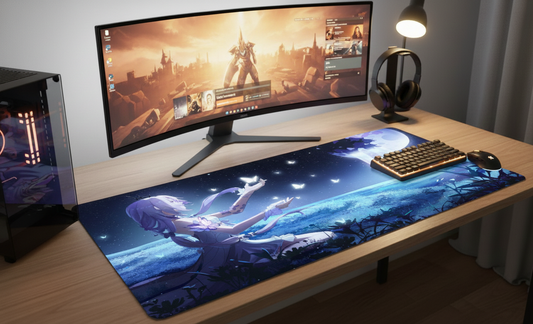 Moonlight Butterfly Anime Desk Mat – XL Aesthetic Gaming Mouse Pad (12 × 23 Inches)
