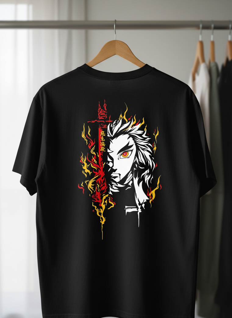 Oversized Rengoku Flame Split-Face Graphic T-Shirt